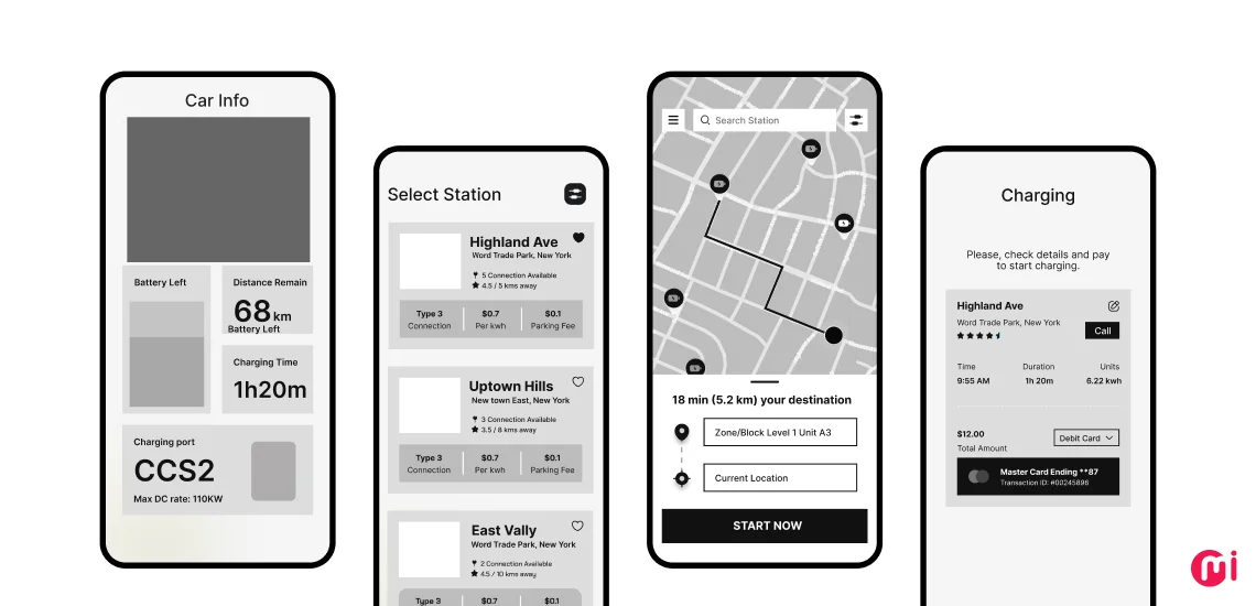 car charging app wireframe