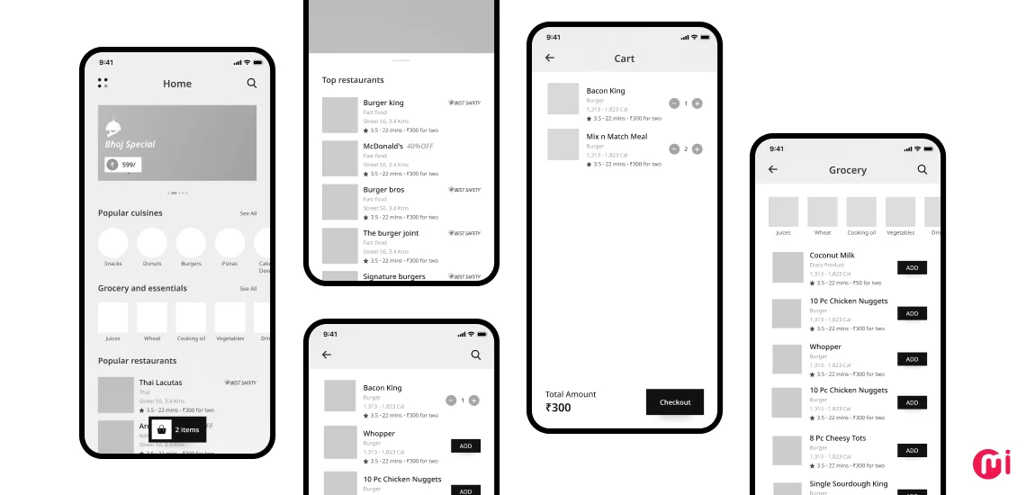 food delivery app wireframe