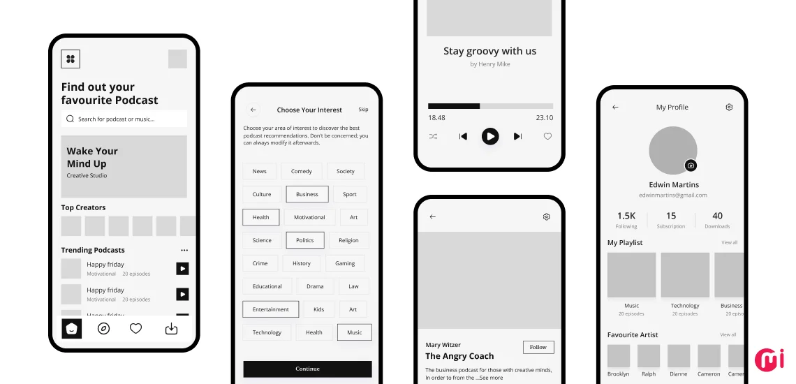 podcast app wireframe