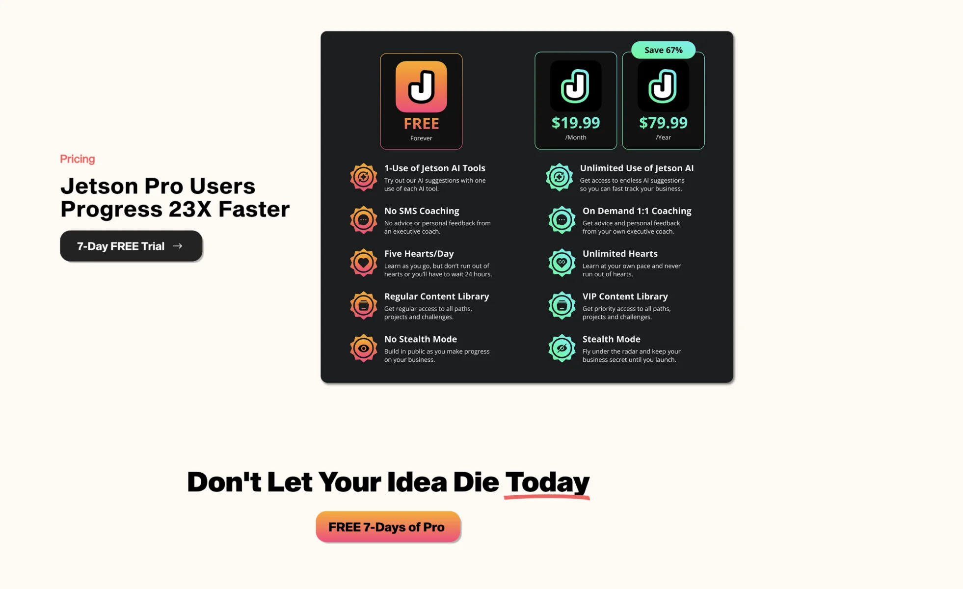 user pricing screen